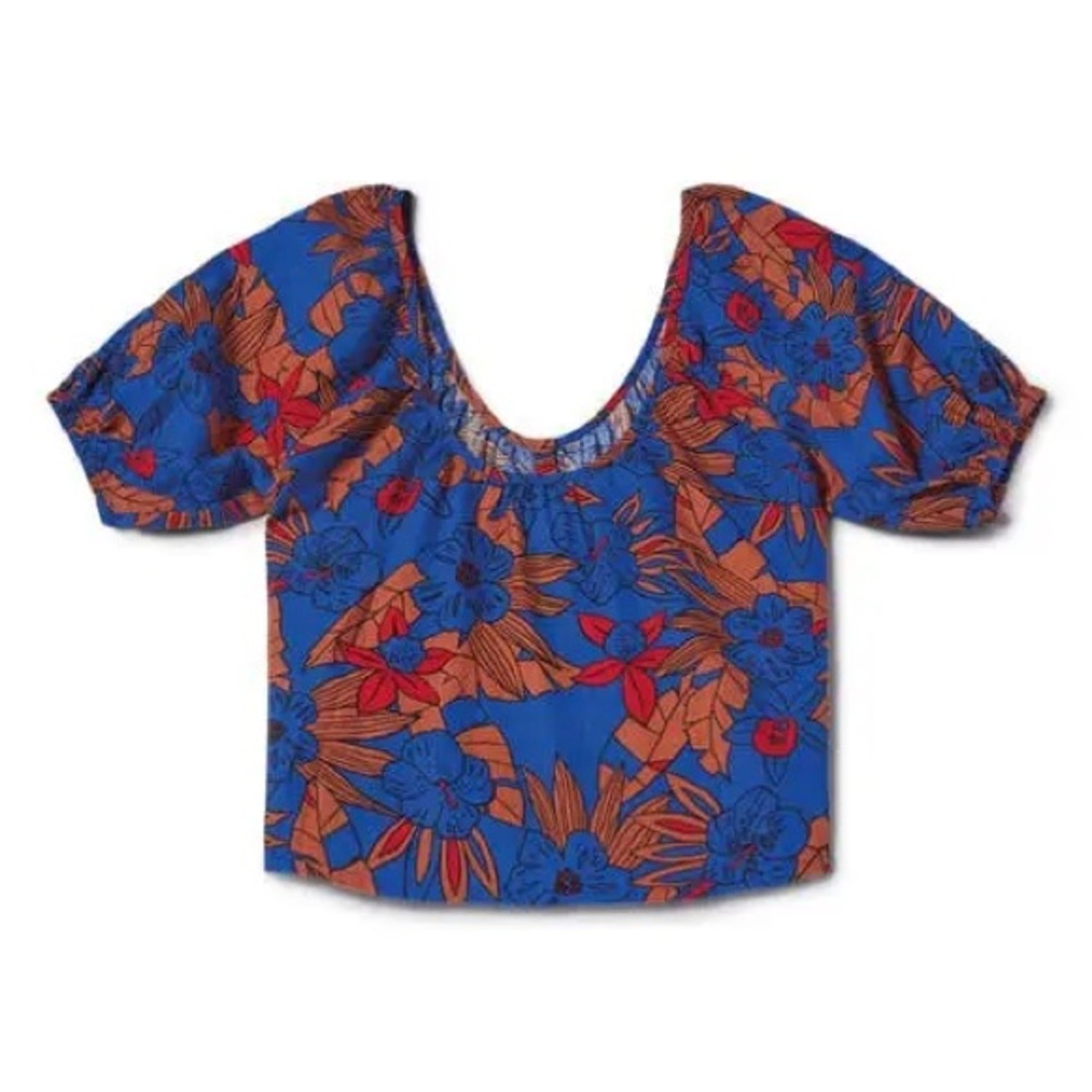 Brixton Blue and Orange Floral Puff-Sleeve Top XS NWT linen - Picture 2 of 4